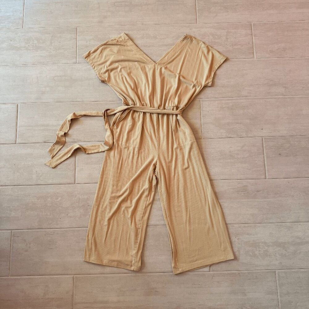 AnyBody Jumpsuit Beige Short Sleeve Wide Leg Romper V Neck Wrap-Over Bodice S